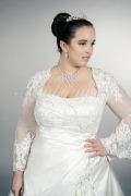 Wedding dress TW0166B - Wedding dress TW0166B A-line plus size XXL satin lace trumpet sleeves pleats train covered back 2