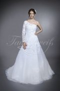 Wedding dress TW0198B - Wedding dress TW0198B A-line organza tulle lace beadings one sleeve detachable train 1