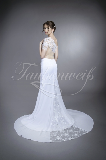 Wedding dress TW0075B - Wedding dress TW0075B mermaid chiffon lace leg slit tattoo back one sleeve train 3