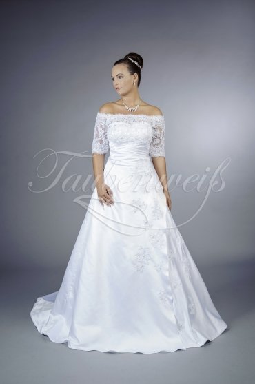 Wedding dress TW0123B - Wedding dress TW0123B satin A-line lace appliques beadings 3/4 sleeves Carmen off-shoulder train