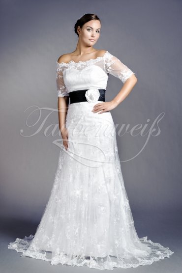 Wedding dress TW0148B - Wedding dress TW0148B lace black waist band 3/4 sleeves bateau neck train 1