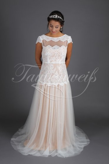 Wedding dress TW0195B - Wedding dress TW0195B Boho ivory nude soft lace stretch blush cap sleeves zipper train 1