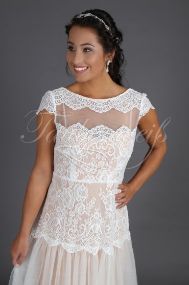 Wedding dress TW0195B - Wedding dress TW0195B Boho ivory nude soft lace stretch blush cap sleeves zipper train 3